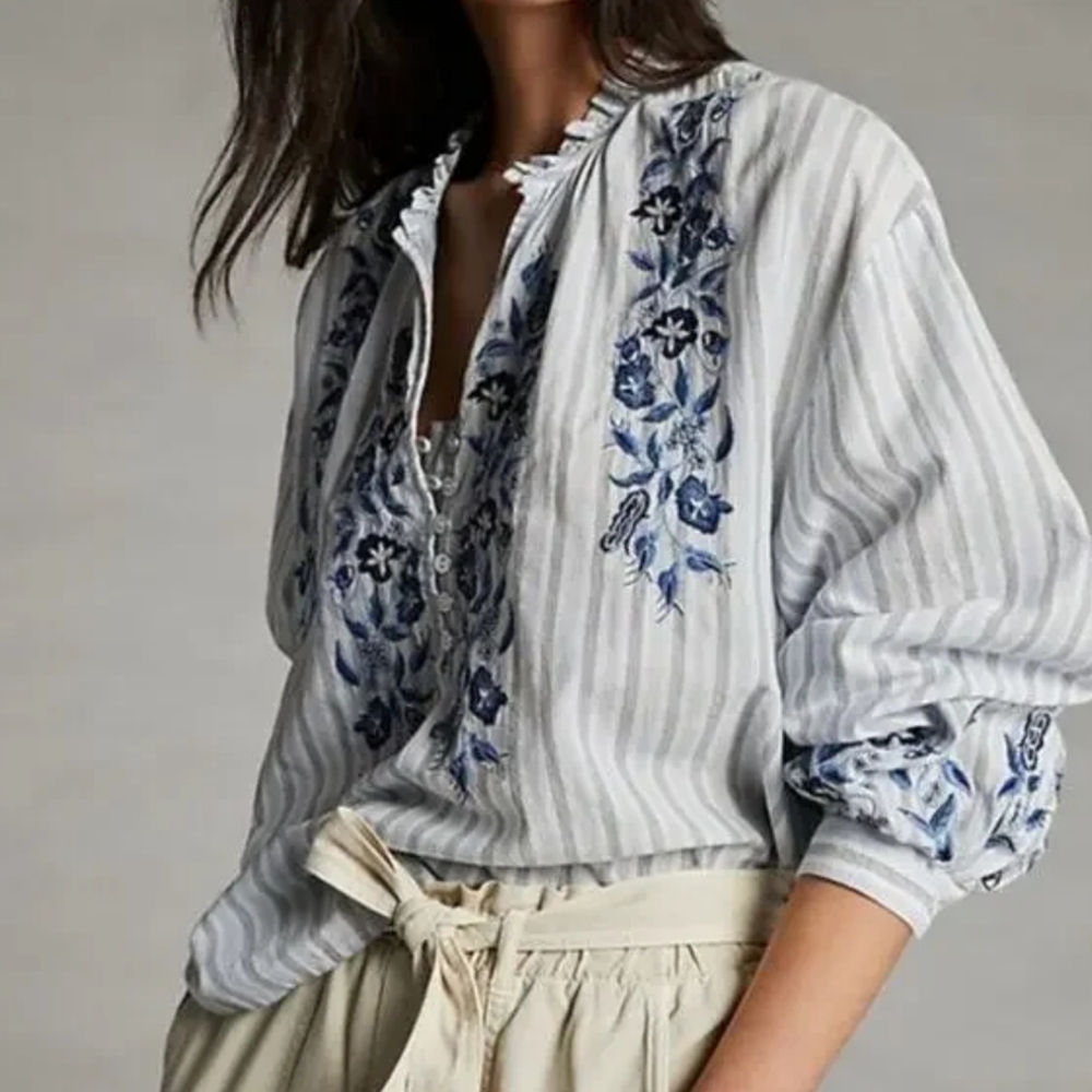 Pilcro White and Blue Embroidered Peasant Blouse